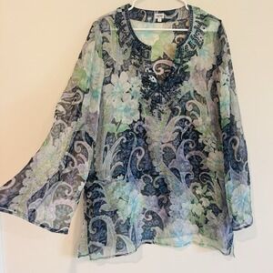 Cache 100% Silk Blouse Sz L Sheer Floral Beaded Embellished Fairy Flare Sleeves